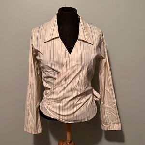 LOB Collection Women's Cream Long Sleeve Striped Wrap Blouse Size Medium